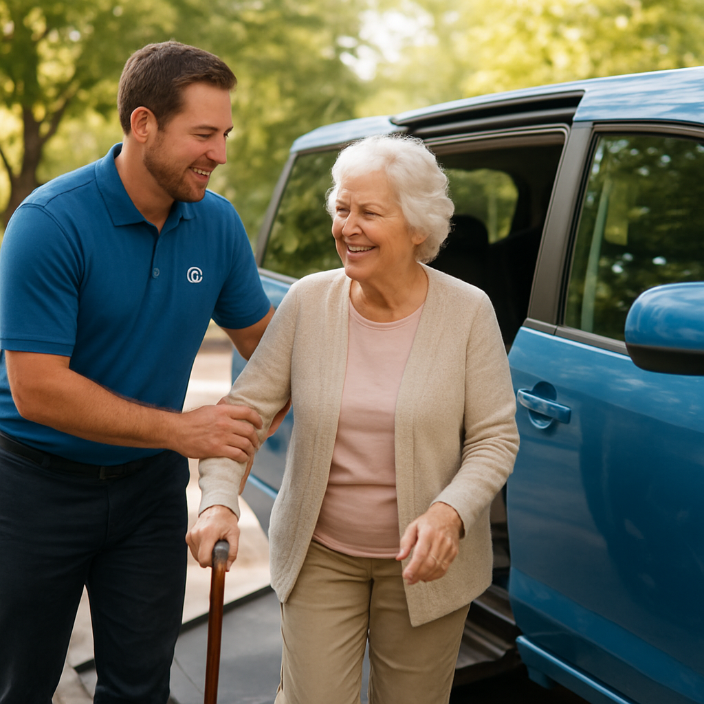 A friendly caregiver helping a smiling elderly woman into an accessible vehicle