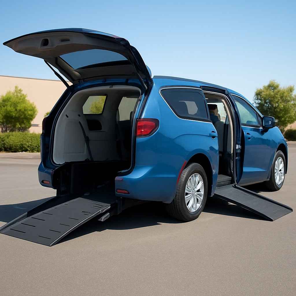 A clean, wheelchair-accessible vehicle with the ramp lowered